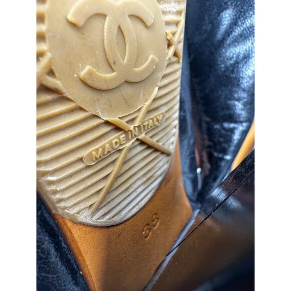 Chanel Classic Black CC Logo Stretch Pumps – Block Heel Leather Heels Size EU 38 - Picture 4 of 10